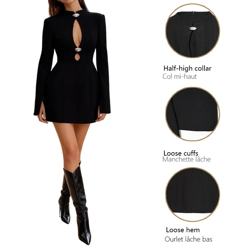 2025年冬新作：スタンドカラー、タイ留め、メタルボタンアクセントが特徴の、透かし彫りの長袖ボディコンミニドレス。