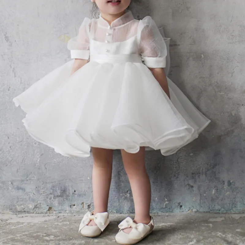 Baby Girl Princess Bow Back Tutu Dress Puff Sleeve Child Teens Elegant Ruffled Tulle Vestido Party Birthday Baby Clothes 1-12Y