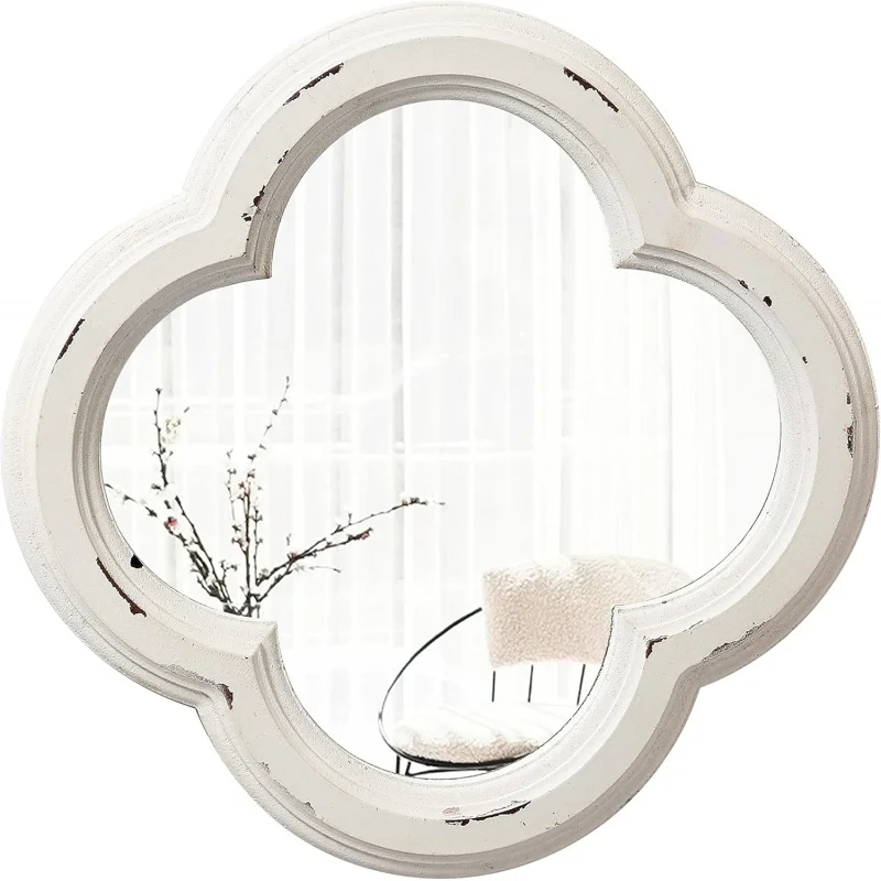 

Vintage Small Scalloped Wall Mirror Decorative 8.9 inch, Hanging Distressed White Rustic Quatrefoil Wooden Mirrors Wall Deco