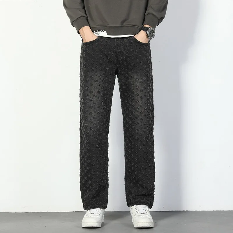 Jacquard Full Print High Street Trendy Brand Ins Design Sense Jeans Loose Straight Tube Washed Wide Leg Long Pants