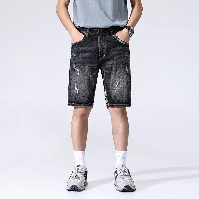 

2026 New American Casual Denim Shorts for Men Summer Retro Washed Straight-Leg Mid-Length Ripped Printed Knee Length Jeans