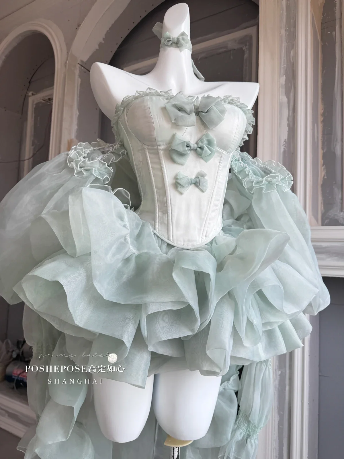 High Street Women's Mint Green Strapless Bowknot Sweet Fairy Organza Dress 2024 New Elegant Big Bow Trailing Party Wedding Dress - Image 3