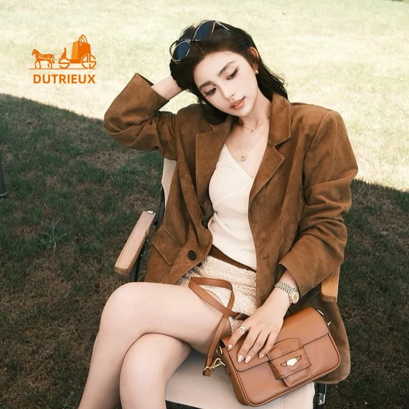 Autumn and Winter Women's Mid-length Suede Suit Real Leather Jacket, 100% Genuine Sheepskin, Noble Romantic Feminine Casual Coat