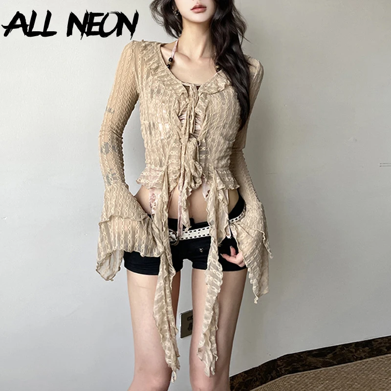 

ALLNeon Fairy Grunge Ruffles Tassels Crop Cardigan Tops Lace See Through Streetwear Cyber Y2K Falre Sleeve Bandage Blouse Slim T