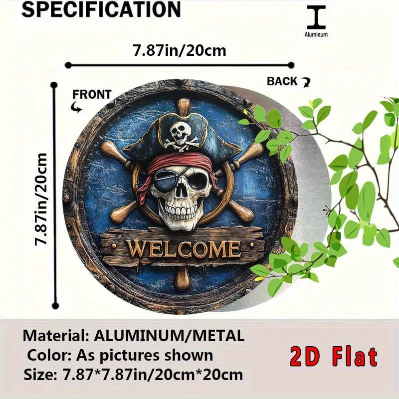 Pirate Skull Ship Wheel Welcome Tin Sign - Vintage Durable Metal Plaque Wall Decor, Beach Bar Man Cave Nautical Home Wall Art