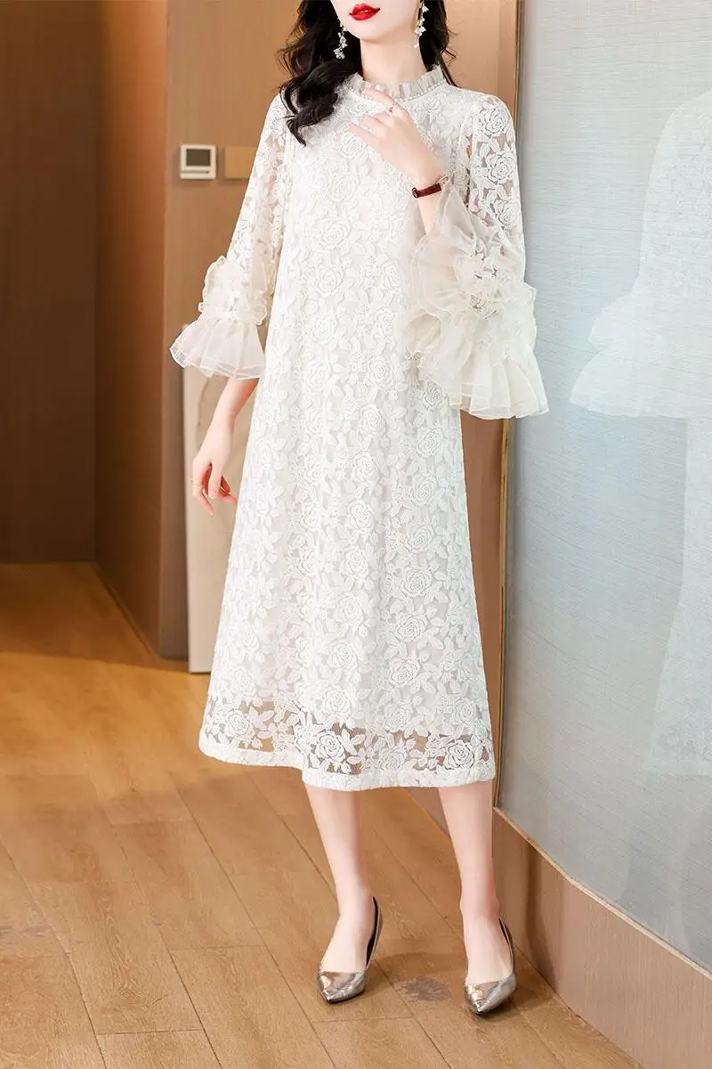 2024 Spring/Summer New Round Neck Silk Embroidered Diamond Dress with Beaded Horn Sleeves Loose Size Slim Knee Length Dress