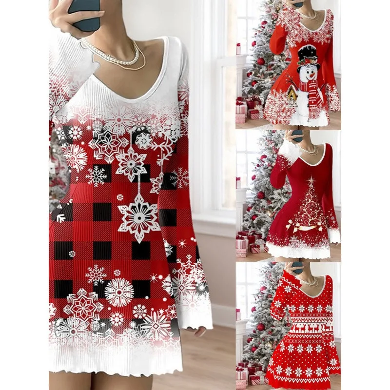 

Christmas Snowflake Print Dresses Women Autumn Christmas V-Neck Flare Sleeve Stretch Eur Holiday Xmas Outfit A-Line Dresses New