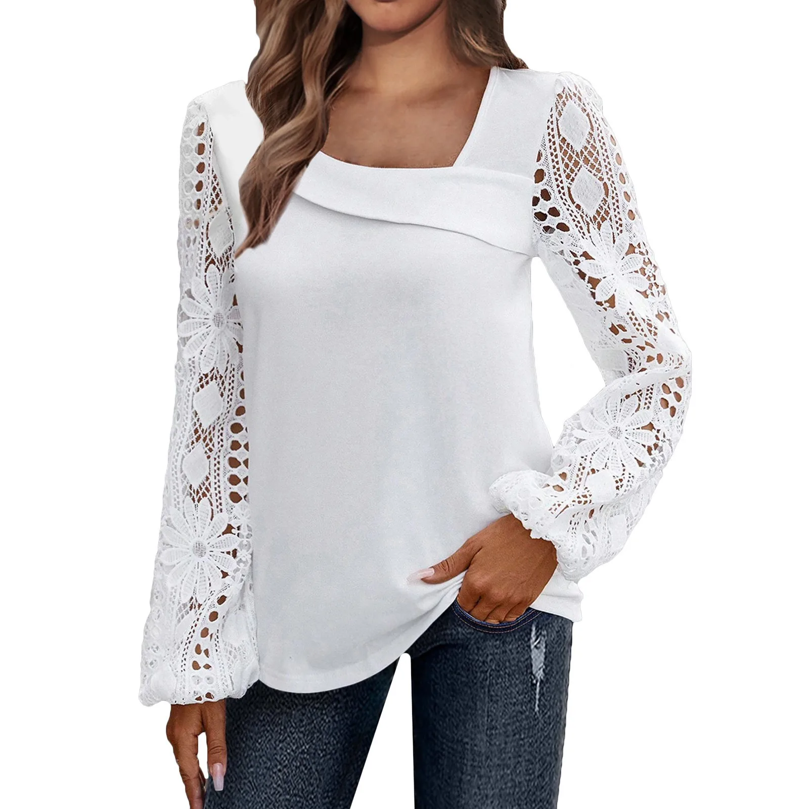 2024 new spring and summer Fashion Women Casual Loose Lace Splice Long Sleeves skew collar T-shirt Summer solid color Tops