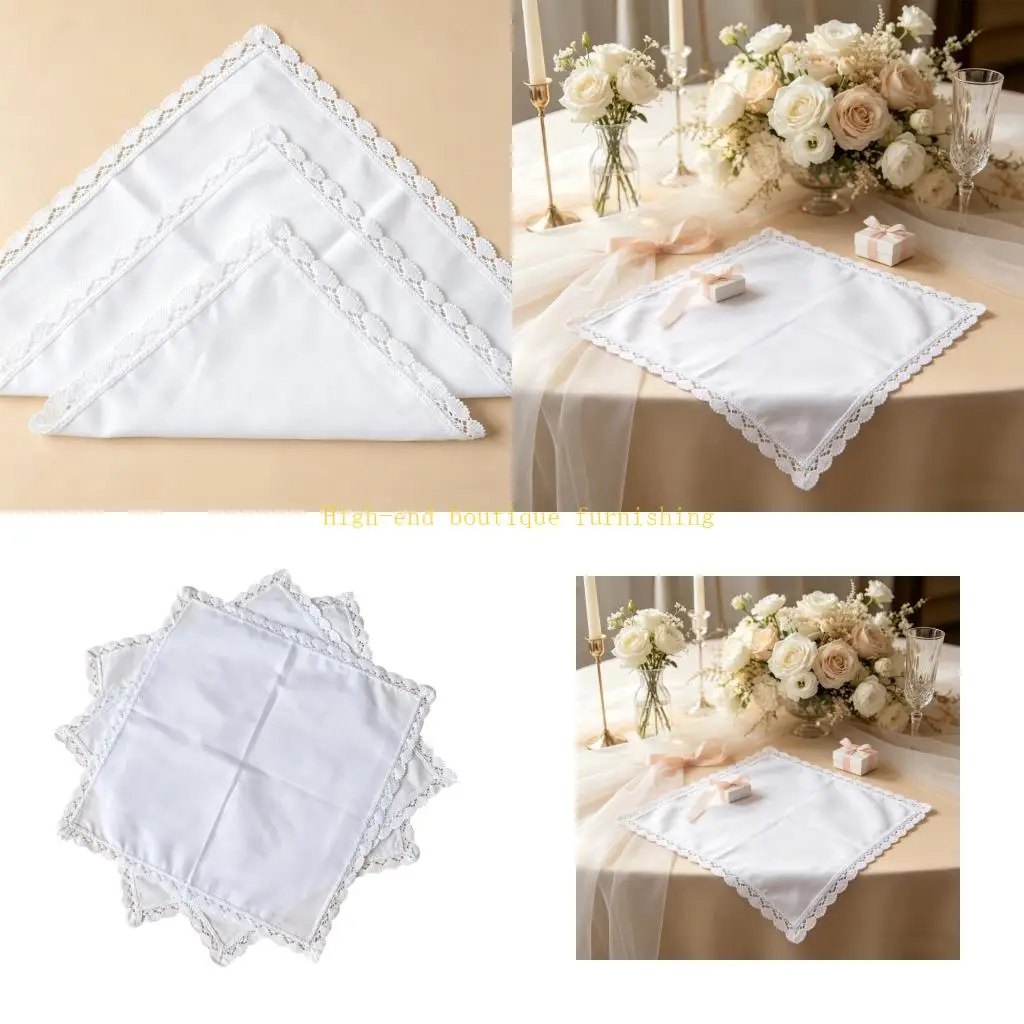 L9NB Lace Trim Cotton Wedding Handkerchief Set for Embroidery, Gifts, and Carry
