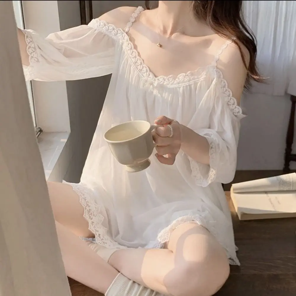 Мягкий женский сетчатый пижамный комплект, эластичная ночная рубашка, шорты на подтяжках, пижамный костюм с открытыми плечами, женские комплекты одежды для сна