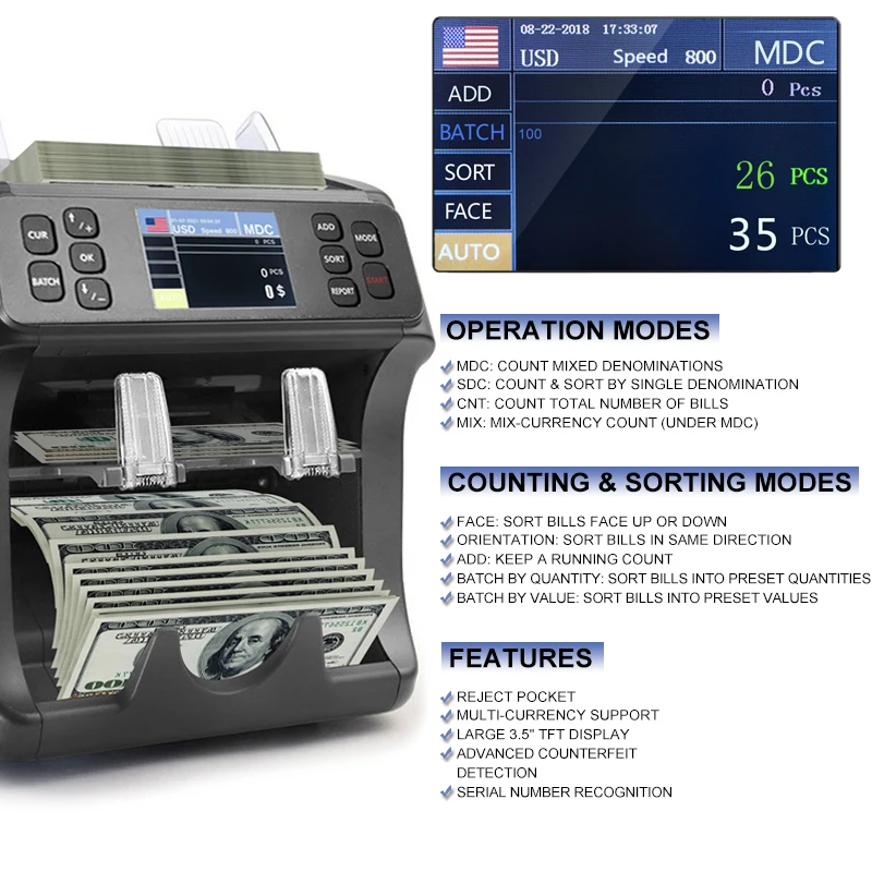 Two Pockets 2CIS Currency Detector Counter Machine with LED Display Mix Denomination Cash Counter