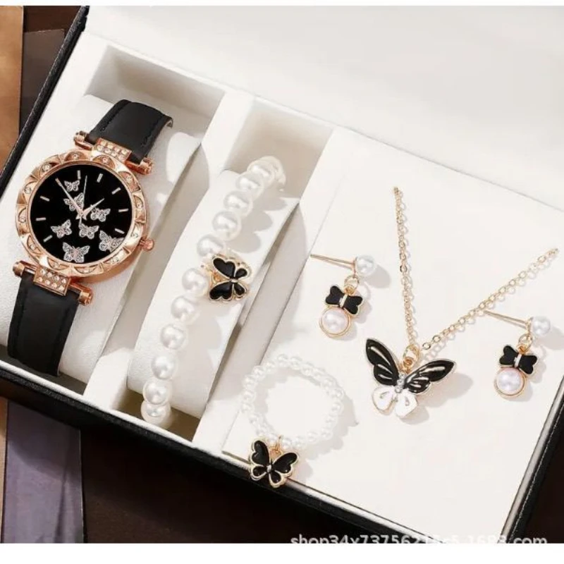 Ensemble de bijoux cinq pièces pour femmes, montres à quartz pour poignet, accessoires simples, collier papillon, montres-bracelets, horloge, mode