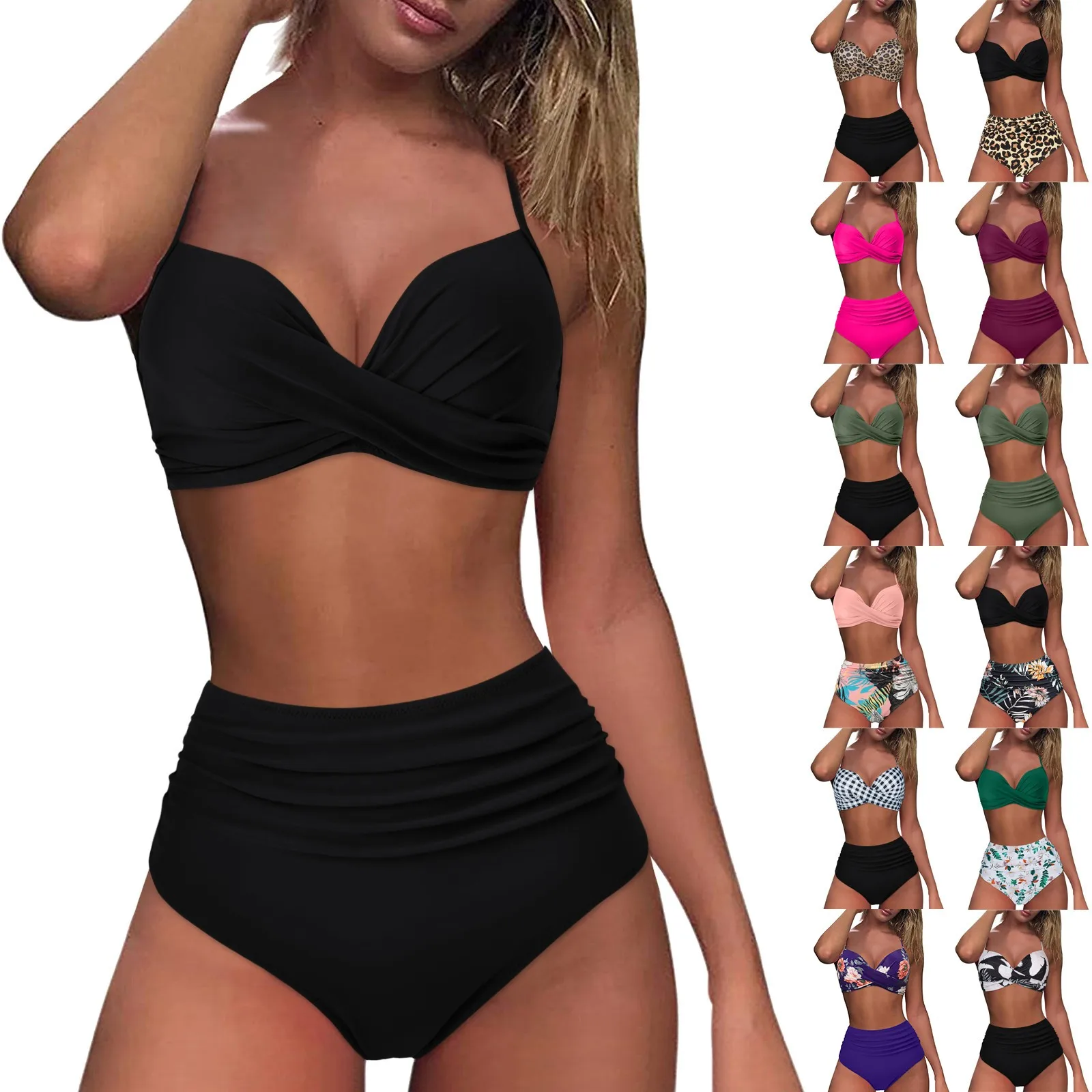 High Waist Bikini 2024 Woman Swimsuit Women Swimwear Bathing Suit Padded Push Up Ruched Swimsuit Women Bikini Set