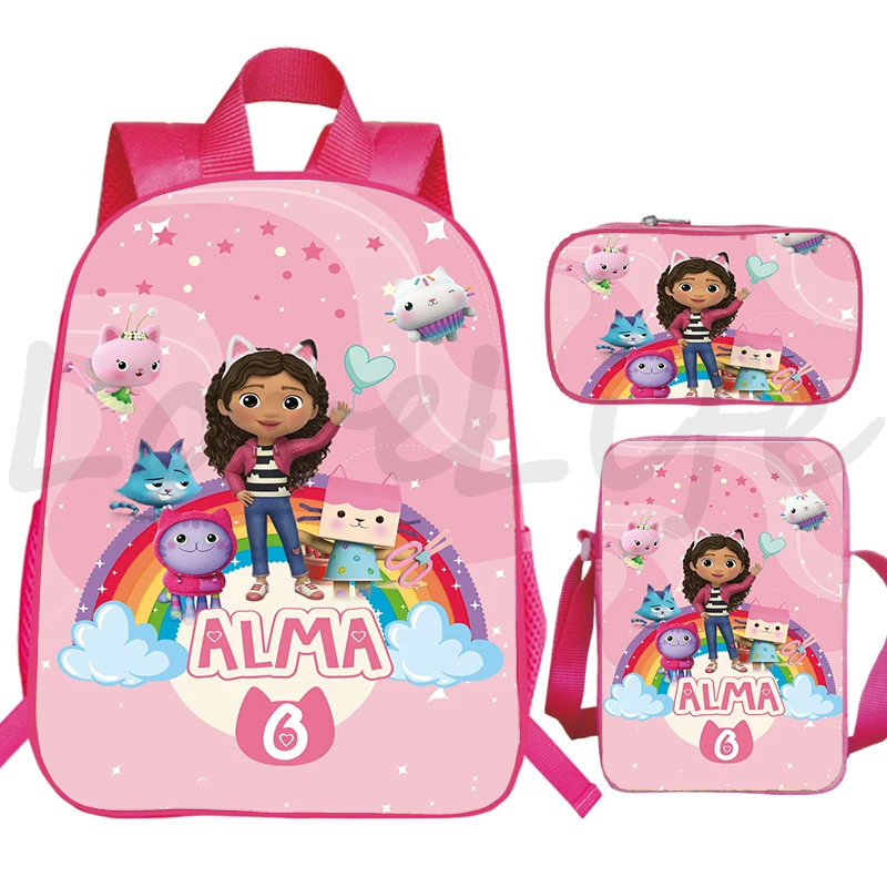 Imagem -05 - Gabby Dollhouse Mochilas para Meninas Mochilas Escolares Rosa Mochila dos Desenhos Animados Bolsa de Ombro Caixa de Lápis Pcs