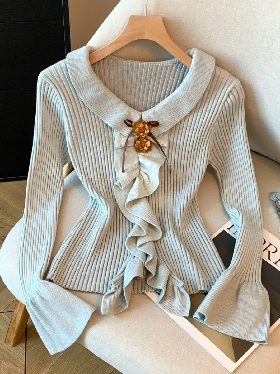 Damen V-Ne Strickwaren Long Sve Bell Sve Bouffant Saum Self-Reserve Sle Koreanische Version Slim Fit Winter Neu eingetroffen