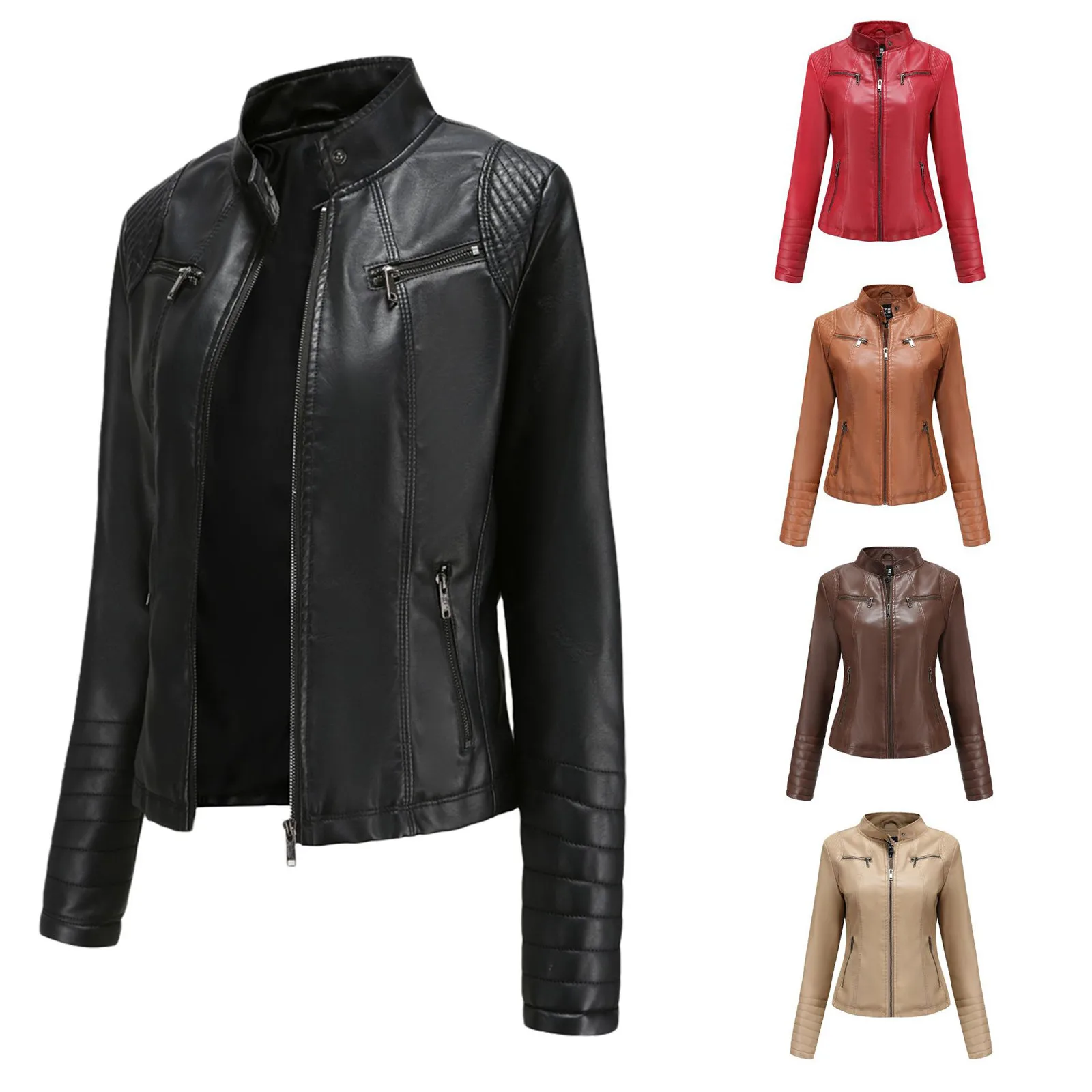 Women Slim Leather Jacket Spring Autumn Ladies Motorcycle Leather Jackets Women Turn-down Collar Zipper Slim Moto Biker Jacket