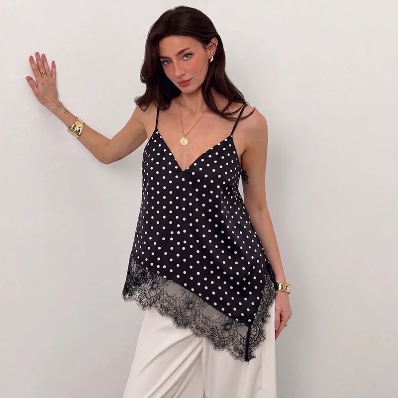 

Typhaland Fashion Lace Sling Vest for Women V Neck Irregular Splice Loose Top Sleeveless 2026 New Sexy Plunge Female Commute