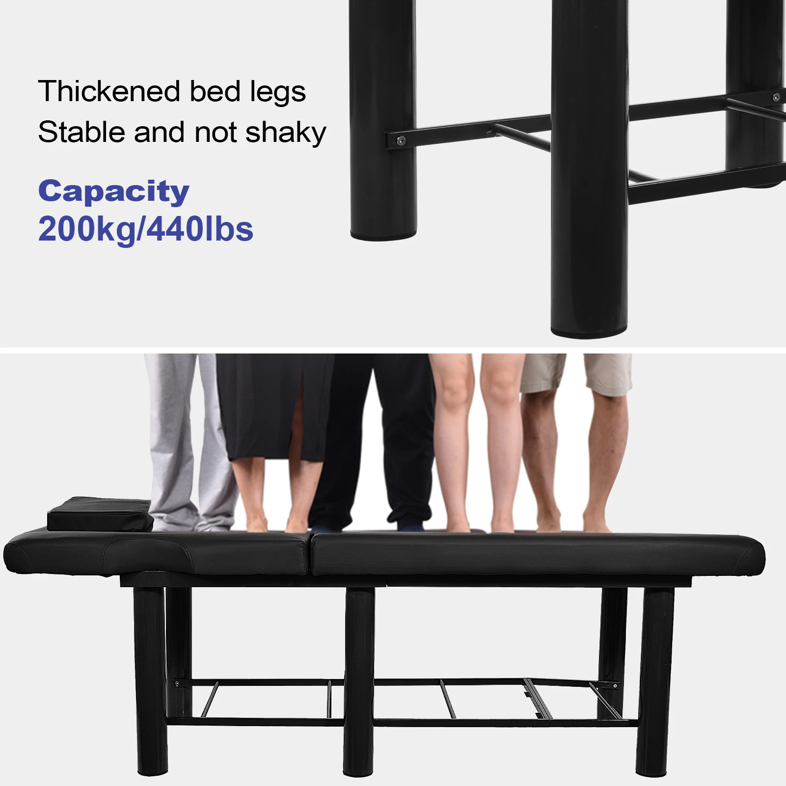 Adjustable Massage Table Stationary Massage Bench Metal Frame PU Leather Waxing Bed Heavy Duty Bed 440.9Lbs Capacity