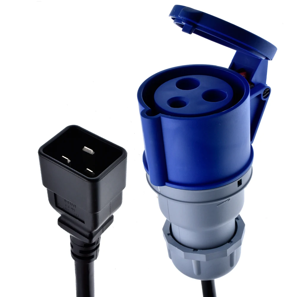 

Power Cord IEC C20 to 332C6 Connector, 2P+PE, plug a device with IEC309 332P6 inlet into IEC320 C19 receptacle 3G2.5mm wire gaug