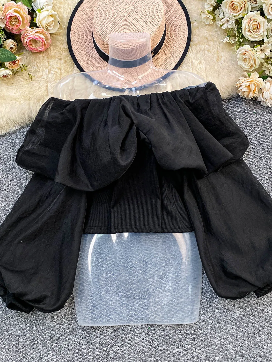 بلوزة شيفون أنيقة قصيرة بأكمام فانوس ورباطات على الكتف، بتصميم متماسك من الدانتيل، مثالية لفصلي الربيع والخريف، بلوزة نسائية ...