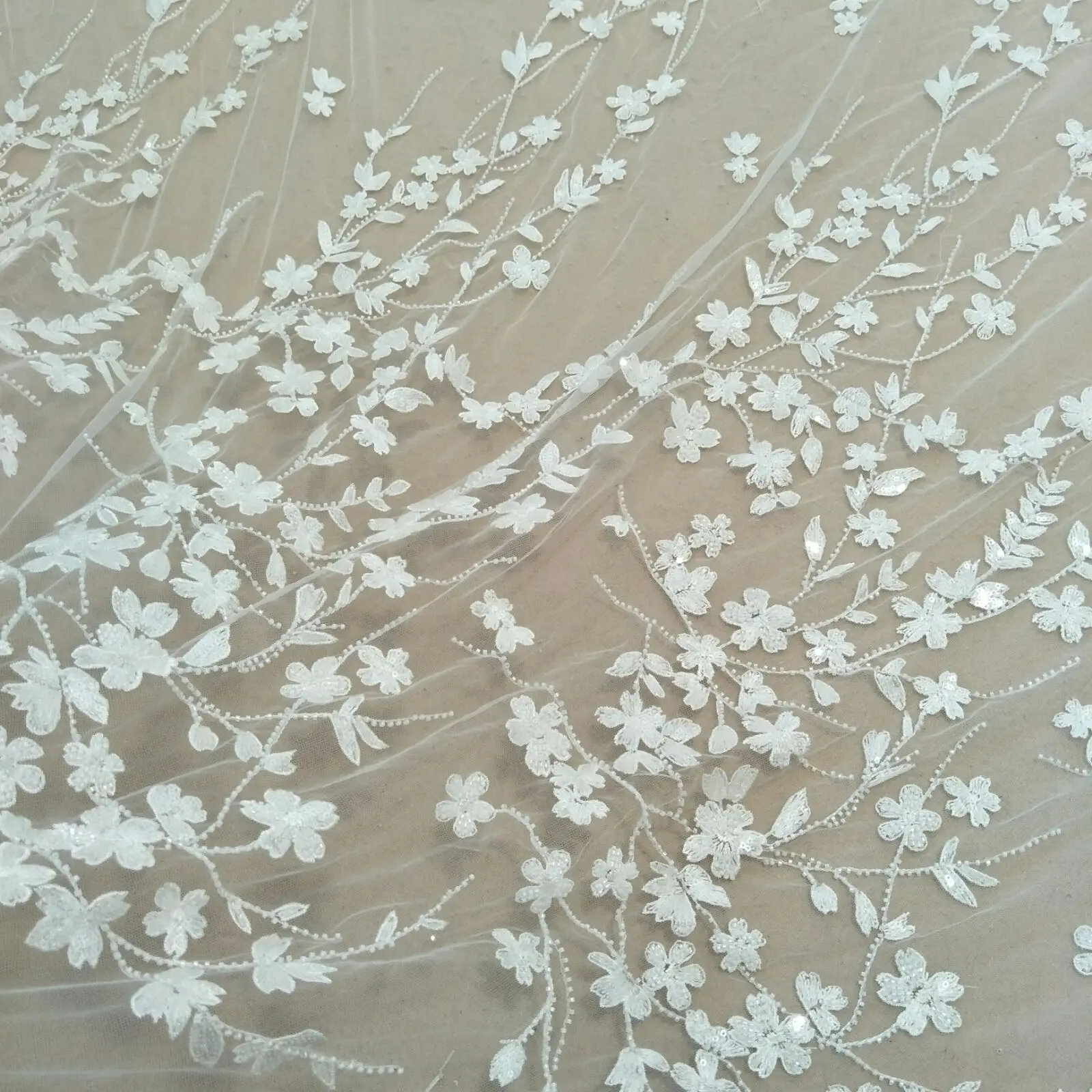 Bridal small flower wedding gown dress lace fabric with sequins 130cm width sell by yard
