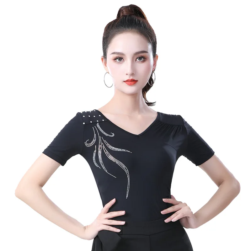 2024 New Adult Women Latin Dance Top Ballroom Balck Sexy V-neck Drill Short Sleeve Summer Ice Silk Cool Fabric Dancing Blouse