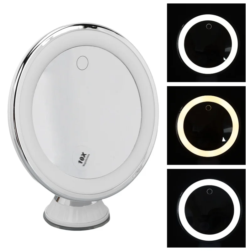 Suction Cup Makeup Mirror 10x With 3 Light Colors Battery Powered Makeup Mirror 10X Magnify With Suction Cups For Makeup