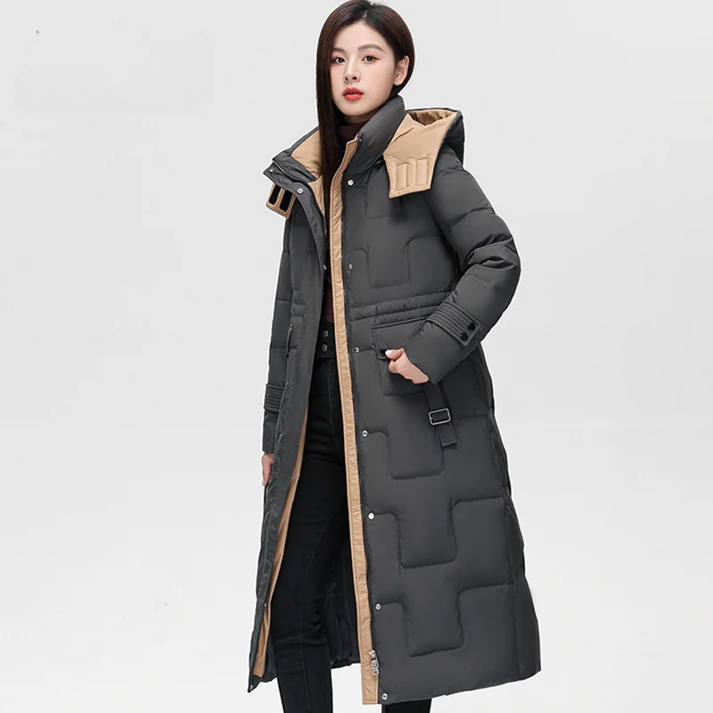 

2024 Autumn Winter New 90% White Duck Down Mid-length Down Jacket Thickened Warm Hooded Stand Collar Straight Loose Overcoat