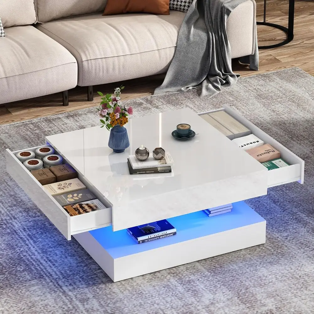

Modern 33.9 High Gloss White LED Coffee Table with Storage and 2 Drawers, Double-Layer Square Center Table for Living Room, Home