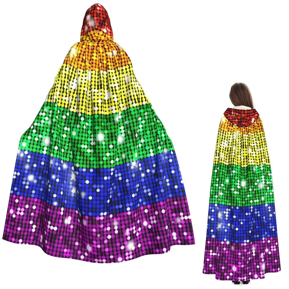 

Искусственный блестящий Радужный флаг гордости ЛГБТ-гей-лесбиянка длинный плащ с капюшоном ведьма средневековый костюм косплей накидка Хэллоуин Вечеринка