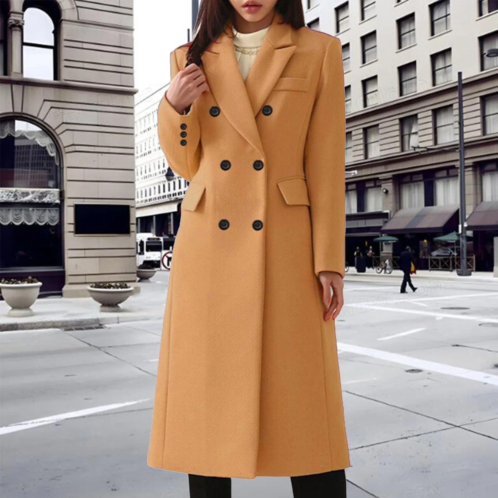 

Women Wool Coat Autumn Winter Long Sleeve Pure Color Turn-Down Collar Double-breasted Women Overcoat Women Greatcoat Outerwear