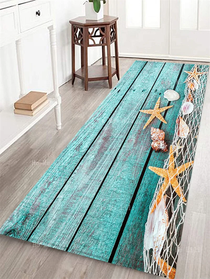 Beach Summer Starfish Shell Sand Conch Pearl Fishing Net Design Turquoise Wooden Flannel Floor Rugs Non Slip Home Decor