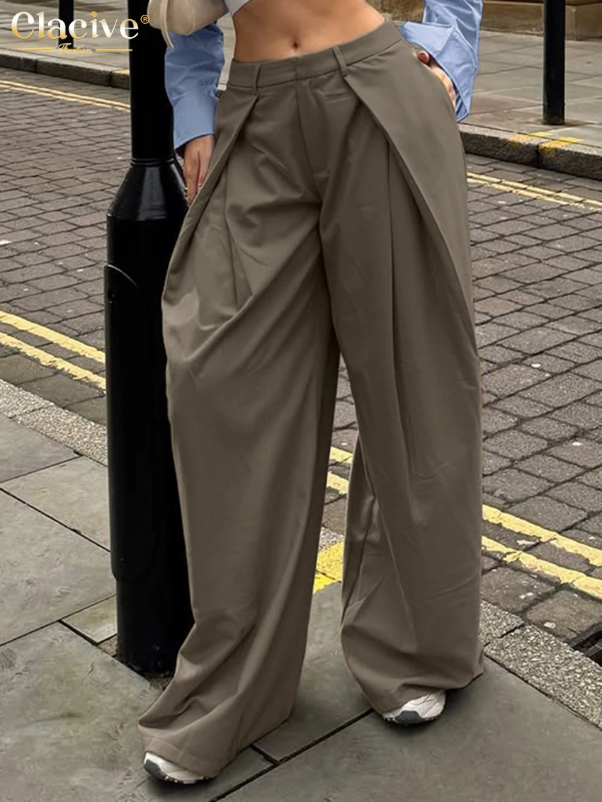 

Модные свободные коричневые женские брюки Clacive, весенние широкие брюки с высокой талией, элегантные классические однотонные брюки, женская одежда, уличная одежда