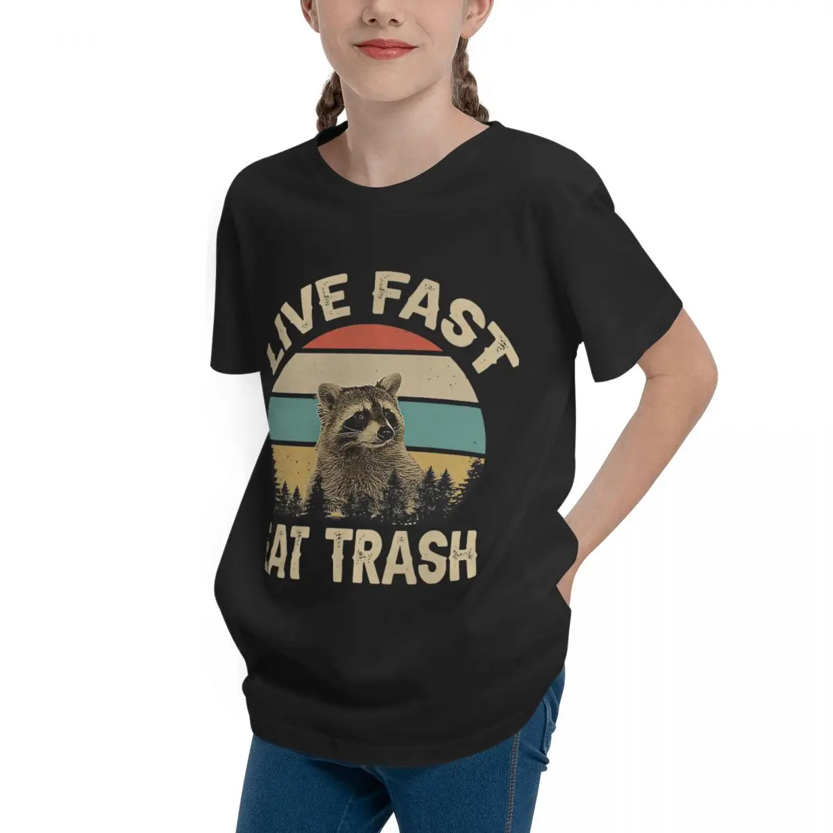 Teenagers Basic Short Sleeve T-Shirt Live Fast Eat Trash Funny Raccoon Essenti Round neckVintage Tshirt  Quality Geek Teenagers