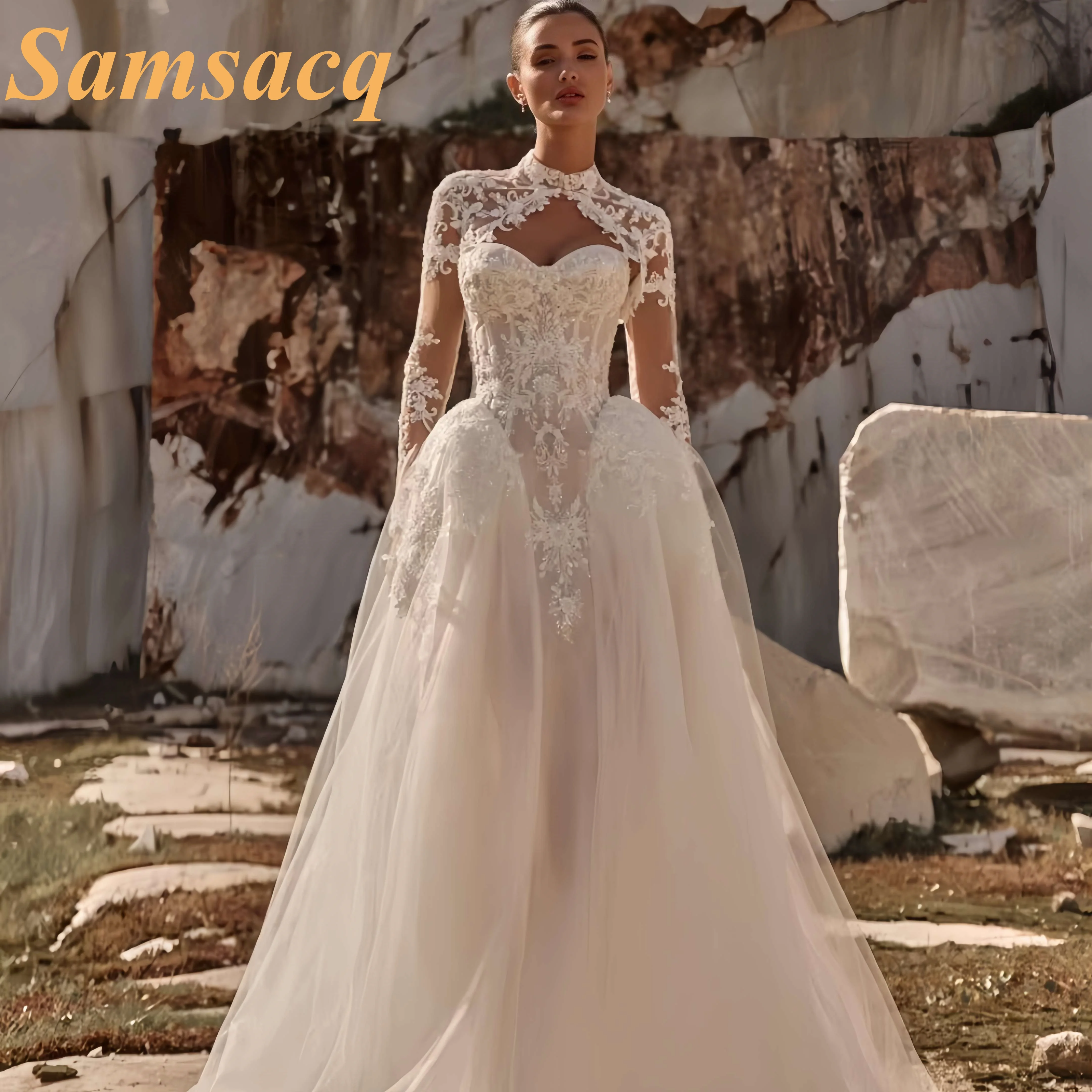 Custom High Neck Long Sleeve Wedding Dress Lace Appliques Beaded Ball Gown Bridal Gown Illusion Bodice Chapel Train Vestido De N