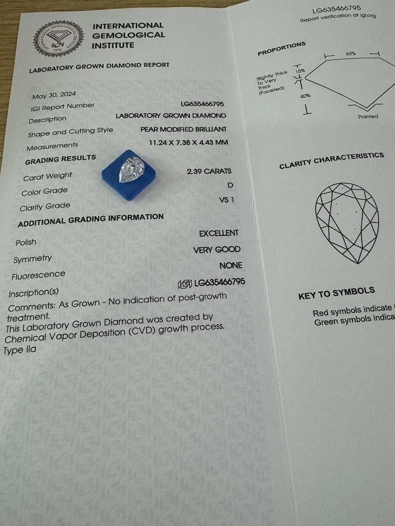 Ruif New Pear  2.39ct D VS1  EXVG N  Lab Grown Diamond for Fine Jewelry Making with IGI Certificate