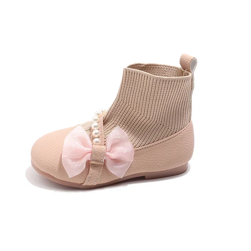 

Girls Princess Boots 2025 Autumn Winter Brand New PU Leather Lace Bow-knot Sweet Soft Kids Ankle Boots Socks Style Slip-on Soft