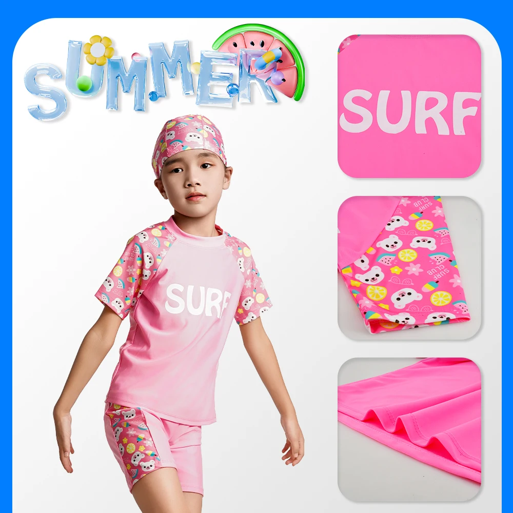 Costume da bagno per ragazze Set Rashguard in 3 pezzi Stampa floreale carina Costume da spiaggia per bambini Costumi da bagno a maniche corte con