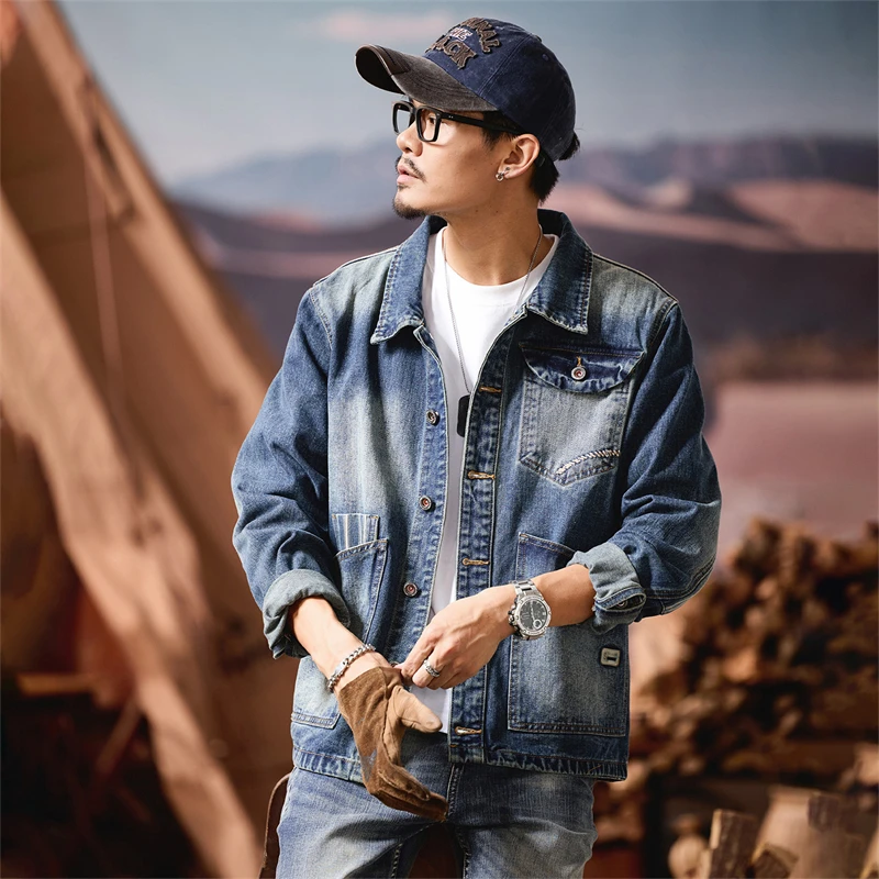 Retro Embroidered Denim Jaet Loose Fit Men's Outerwear Casual Sle Long Sve Thiened Autumn Season American Leisure