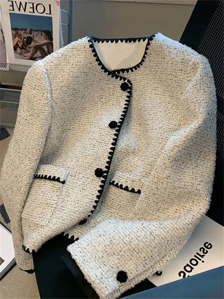 

Ele Autumn Men's Jaet Coarse Tweed Color Blo round Ne Casual Loose Fit Outerwear Faionable And Sli