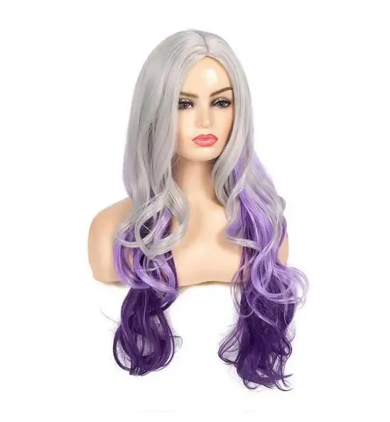 Peruca longa encaracolada para mulheres, cabelo sintético, cabelo ondulado, cinza prateado a roxo, parte lateral, perucas cosplay, Halloween