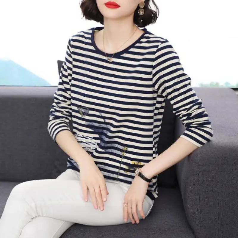 Long Sleeve Round Neck Plant&Flowers Printing Contrast Color Pullover Striped Women's Clothing T-shirt Loose Elegant Casual Tops