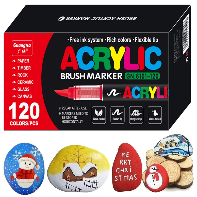 12/24/120 Colors Brush Tip Acrylic Paint Pens for Rock Painting Stone Ceramic Glass Wood Mugs Metal Fabric Canva White Markers