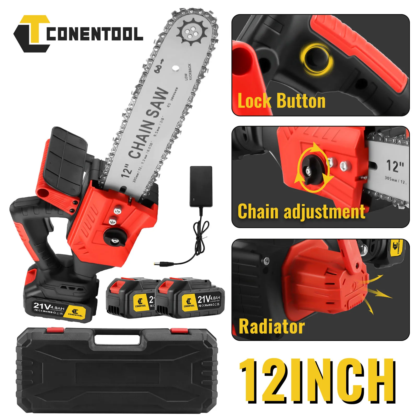 CONENTOOL Mini Chainsaw 12 In, 21V Cordless Electric Chain Saw with 2 Batteries, Handheld Portable Wood Cutting Pruning Garden