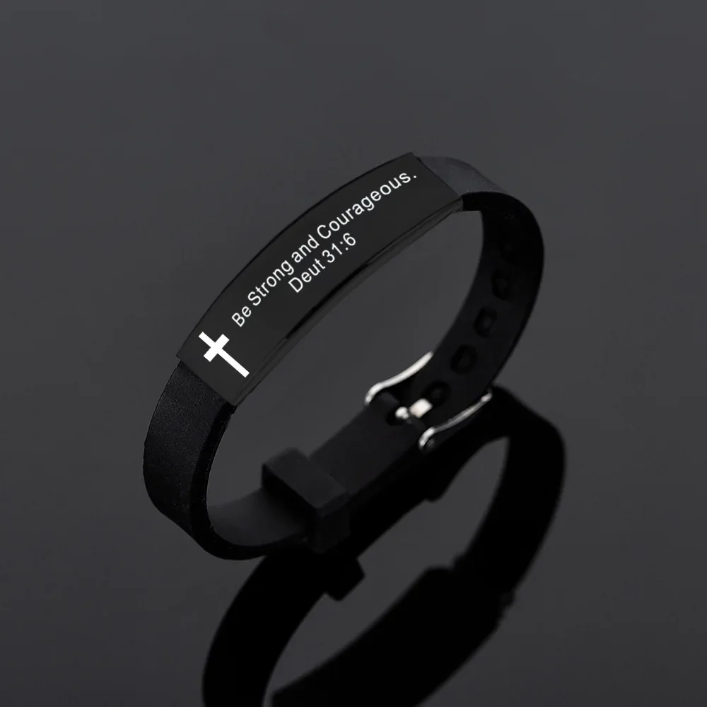 Bible Silicone Bracelet Men\'s Black Cross Bracelets Adjustable Length Bangles Wristband Christian Philippians 4:13