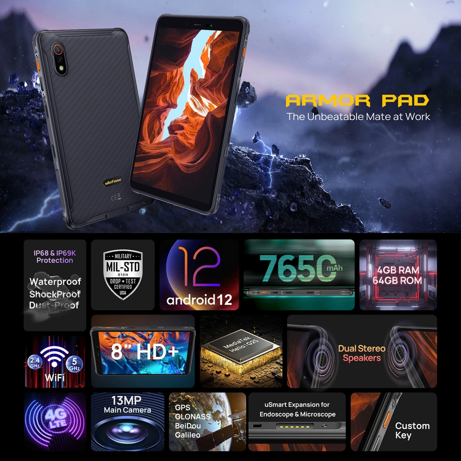 Ulefone Armor Pad IP68 Rugged Tablet PC 8.0 inch 4GB+64GB Android 12 MediaTek Helio G25 Support uSmart Expansion 4G LTE Tablet