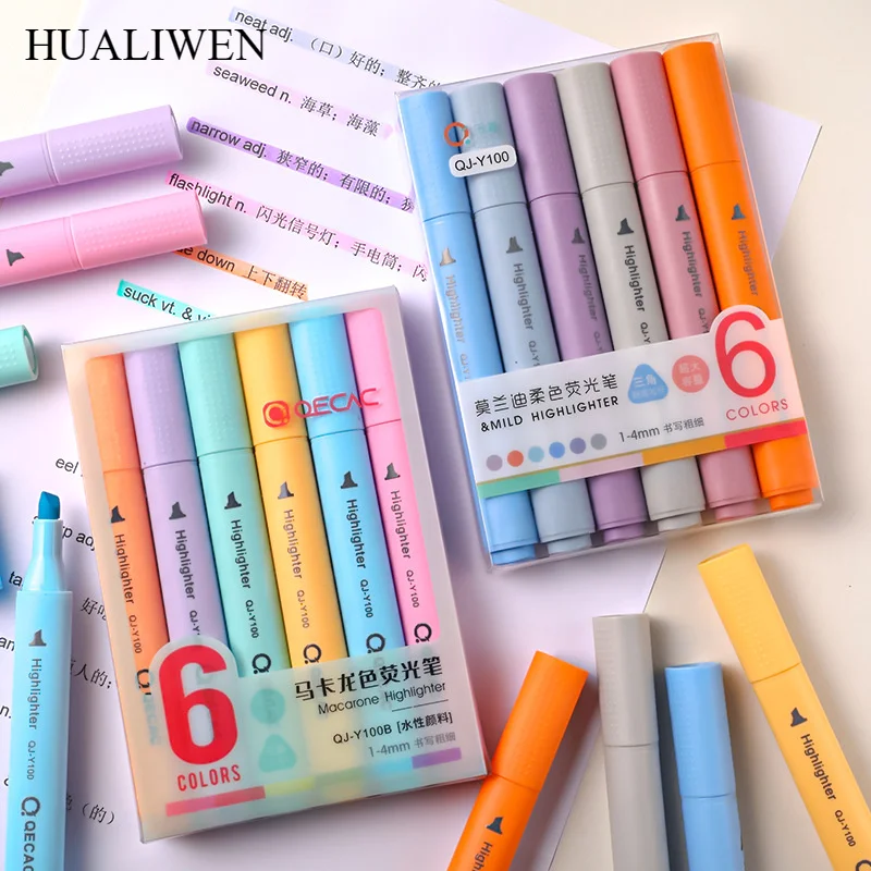 6Pcs/Set Fluorescent Highlighter Pen Markers Pastel Drawing Pen for Student School Office Supplies Cute Stationery