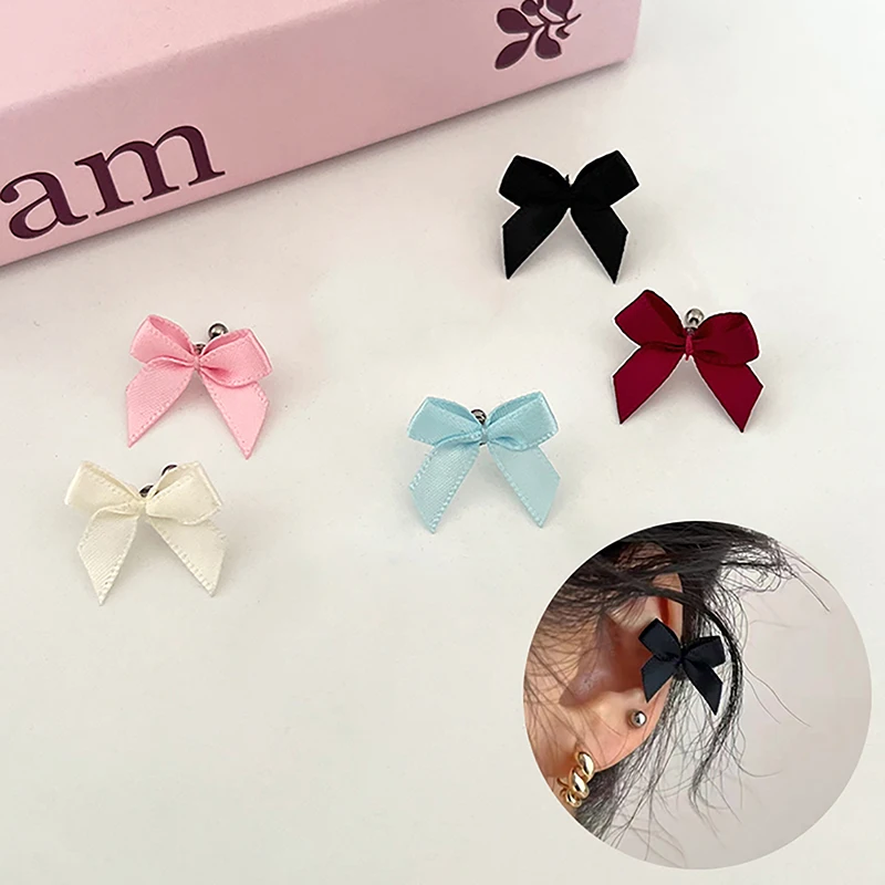 Mini Bowknot Ear Bone Earrings Blue Pink Red Black White Bow Ribbon Ear Studs For Women Girls Aesthetic Jewelry Birthday Gift