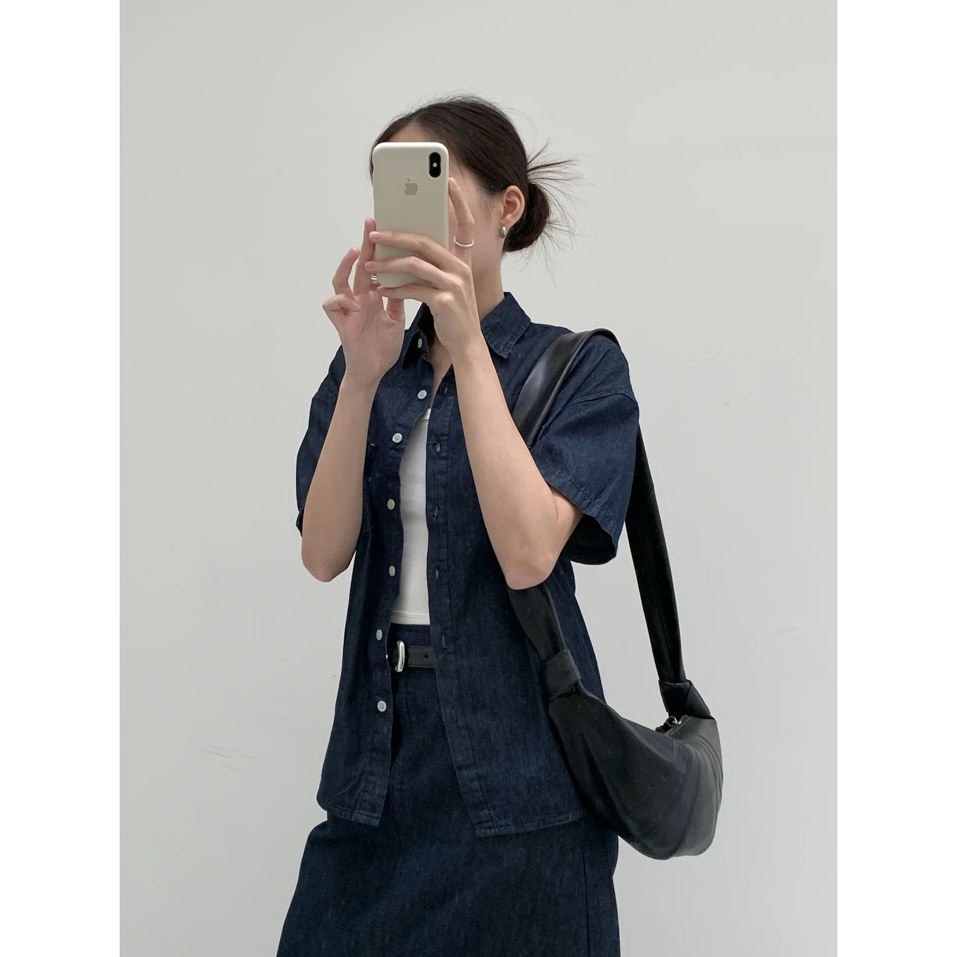Deep Blue Denim Shirt And Split  Skirt Set Women's Casual Summer Fashion Korean Style Ensemble Deep Blue Denim Set