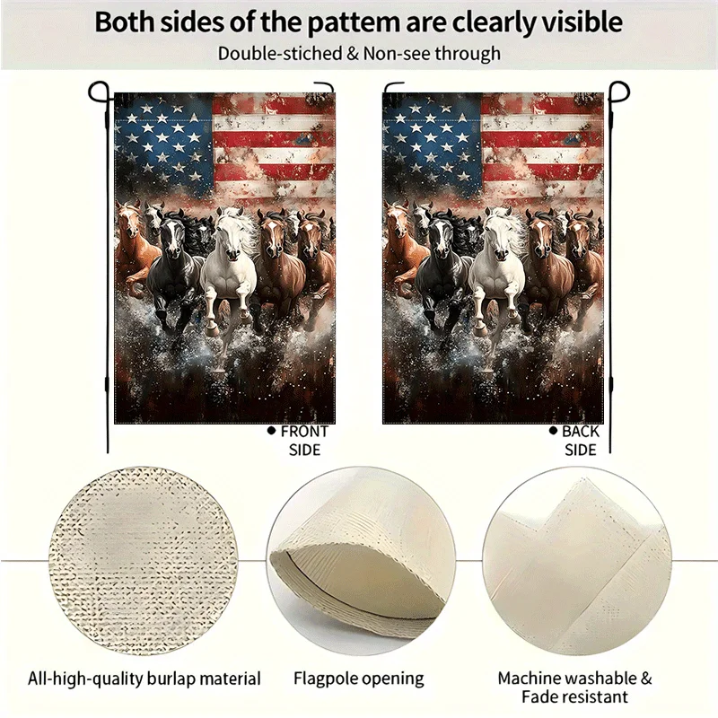Patriotic Star Banner Garden Flag - Double-Sided Burlap, Vivid American Flag Design with Galloping Horses, Ideal for July 4th, M